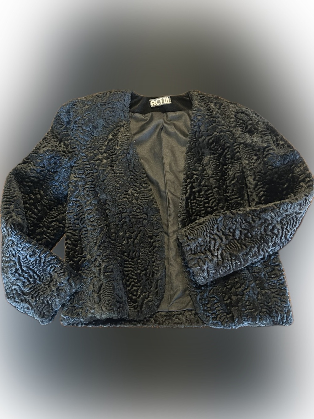 Vintage ACT III Black Faux Persian Curly Lamb Long Sleeve Lined Velvet Jacket 14